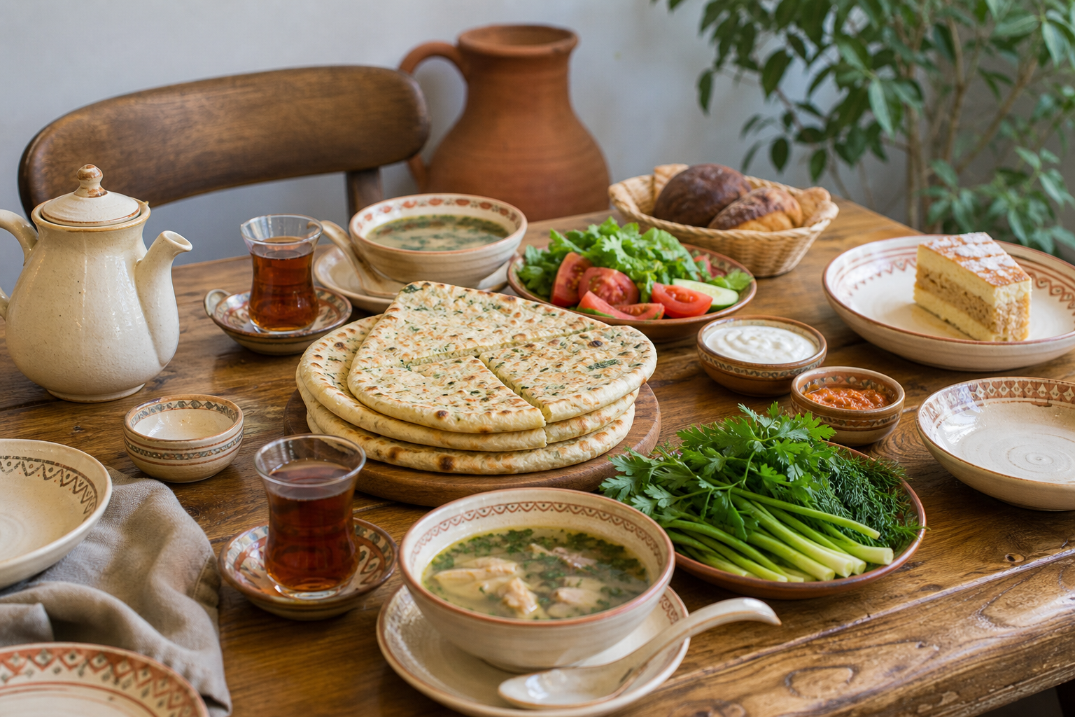 Стол с хычинами, супом, зеленью, чаем и домашними блюдами